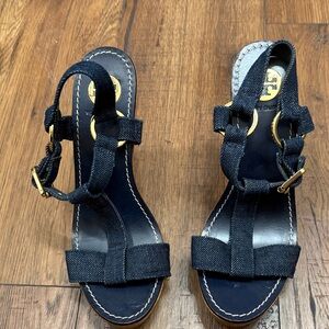 Tory Burch Dark Blue Sandals with Gold Accents
